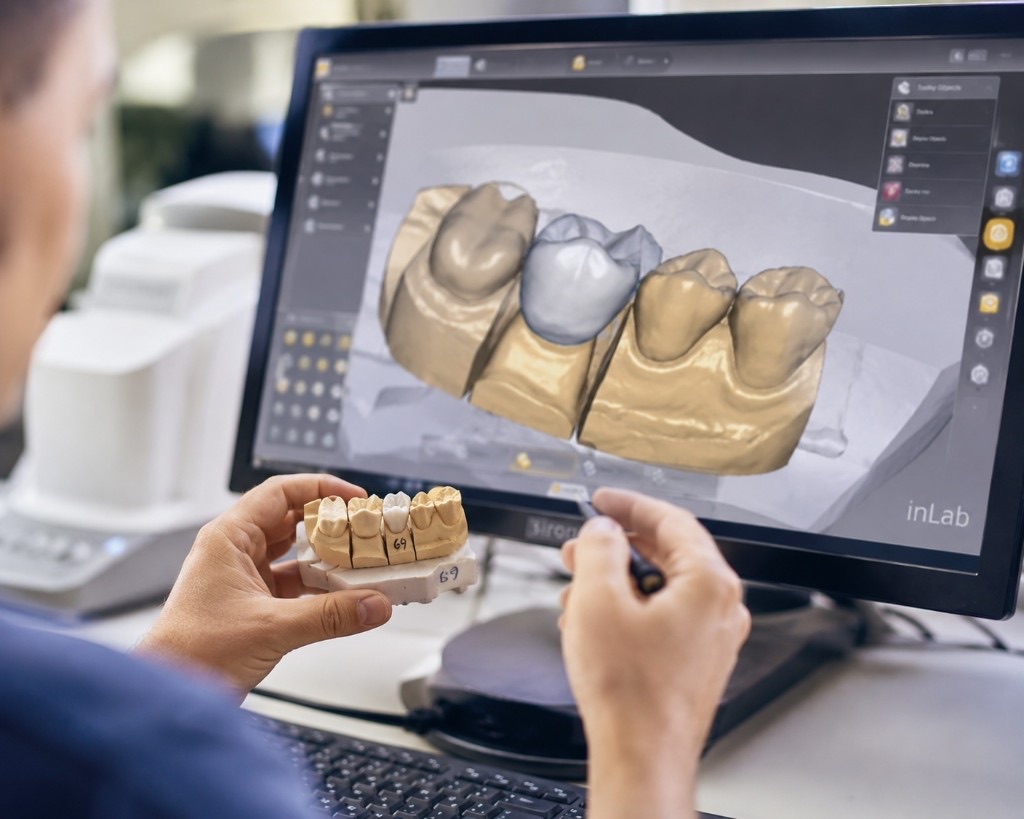 Digital design of a dental crown on a computer screen