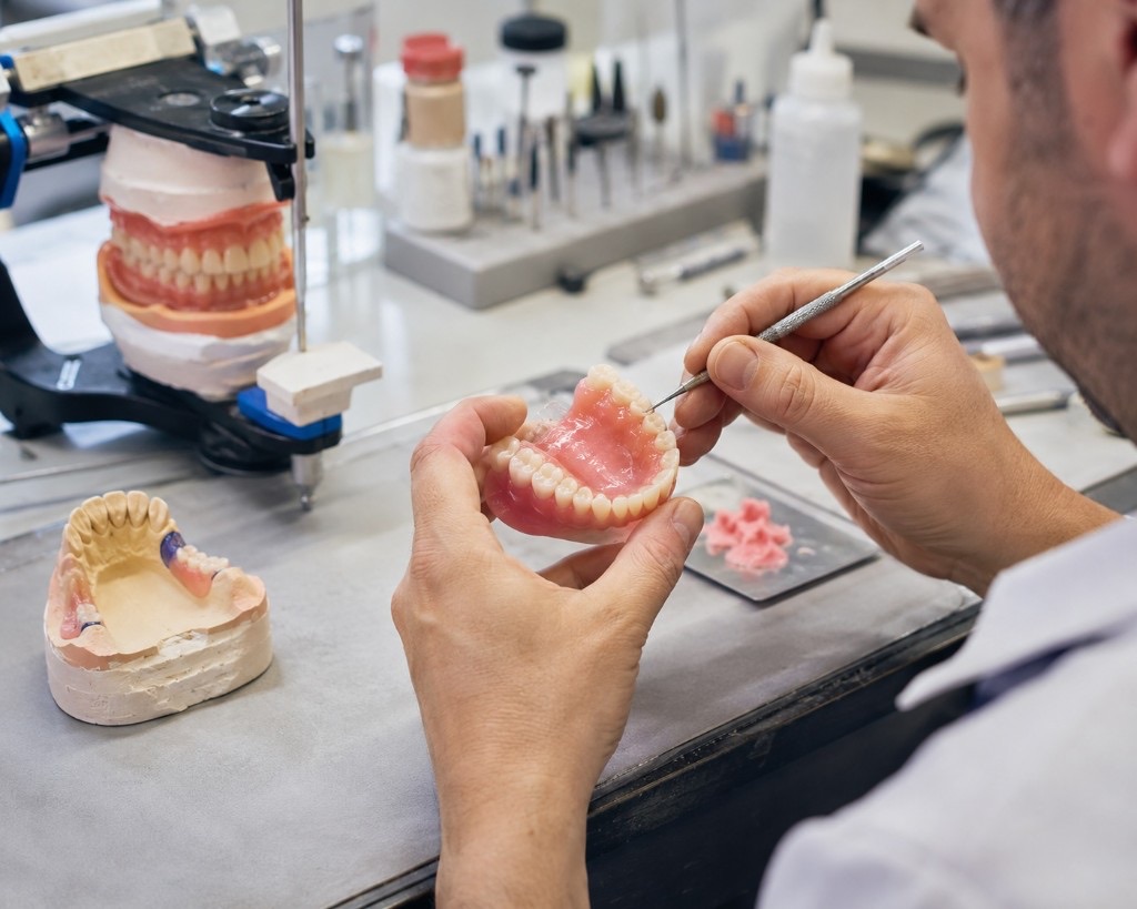 Dental technician adjusting a denture in a laboratory