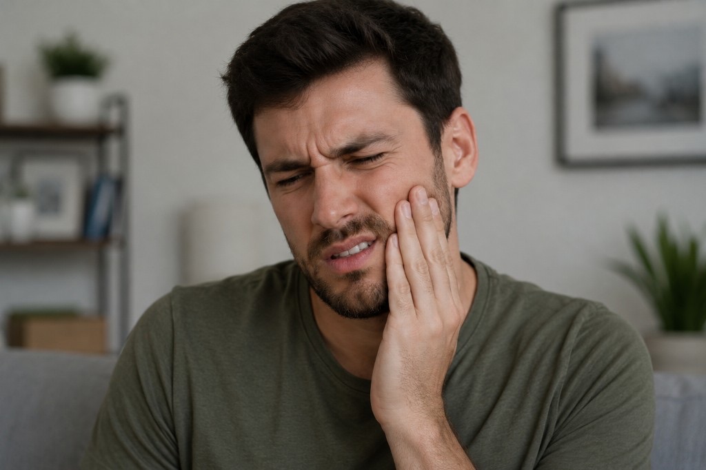 Man holding his cheek with toothache needing emergency dental care