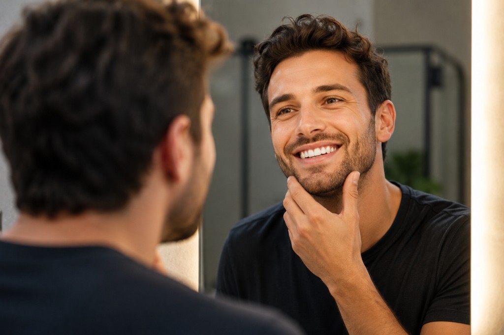 Patient smiling at clean teeth in the mirror