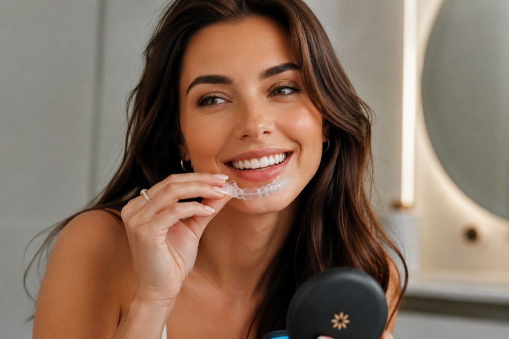 Smiling patient holding a clear aligner