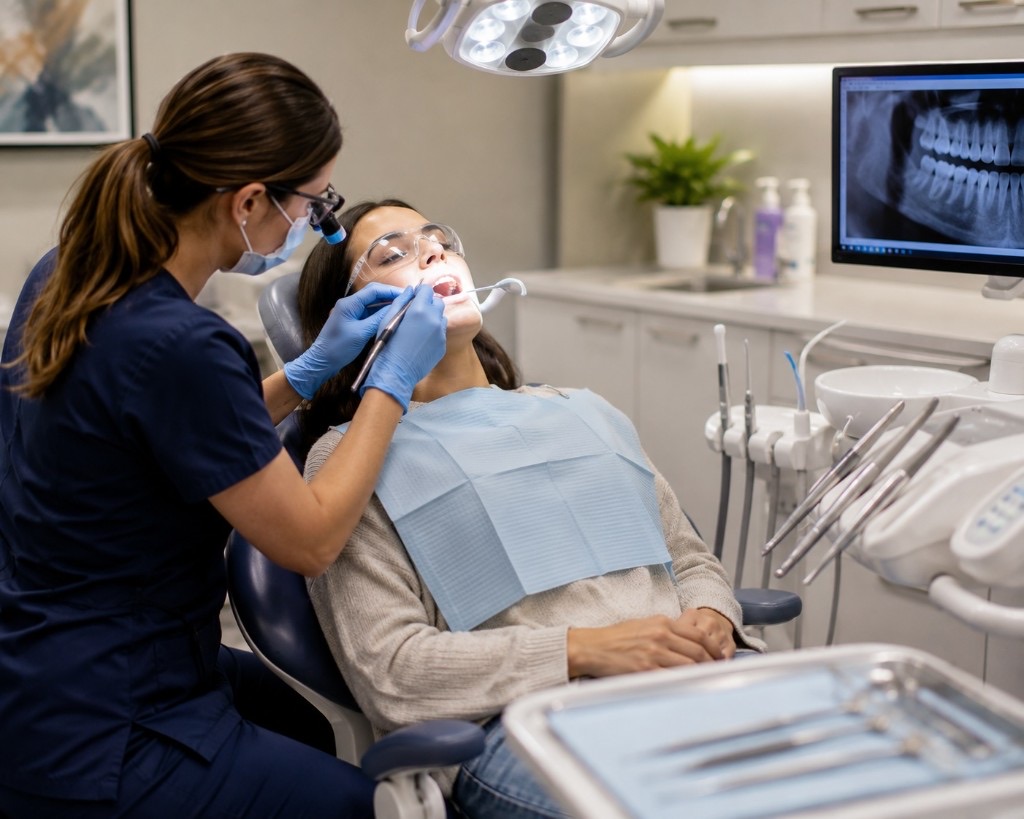 Dentist providing periodontal gum treatment in a modern clinic
