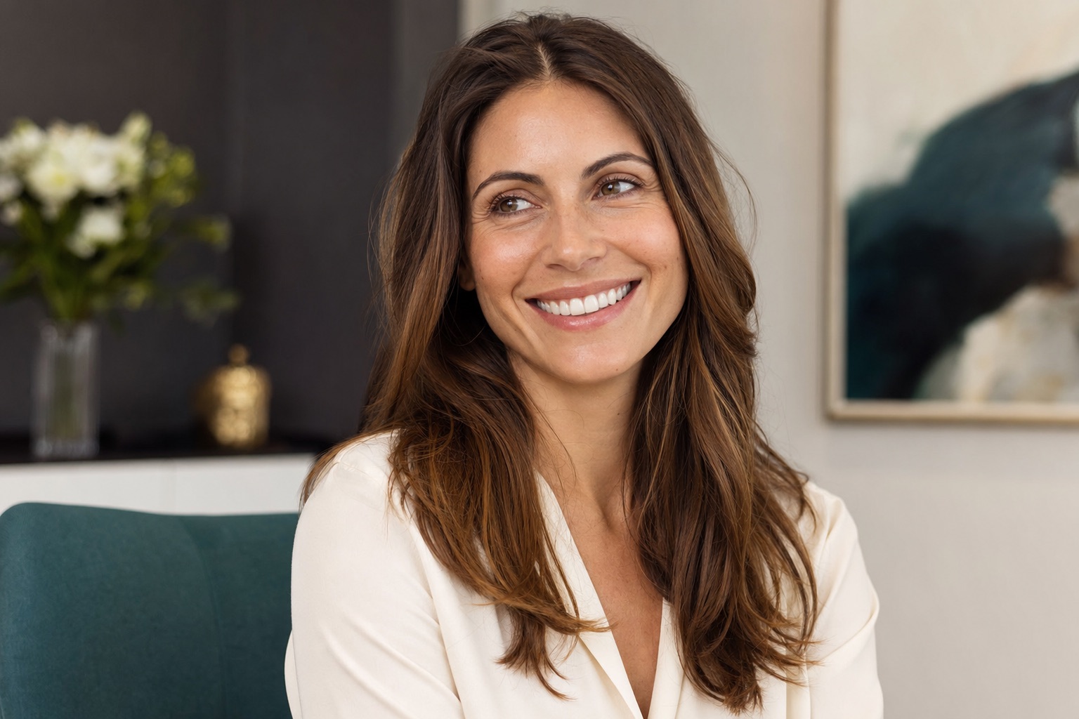 Patient smiling confidently after porcelain veneer treatment