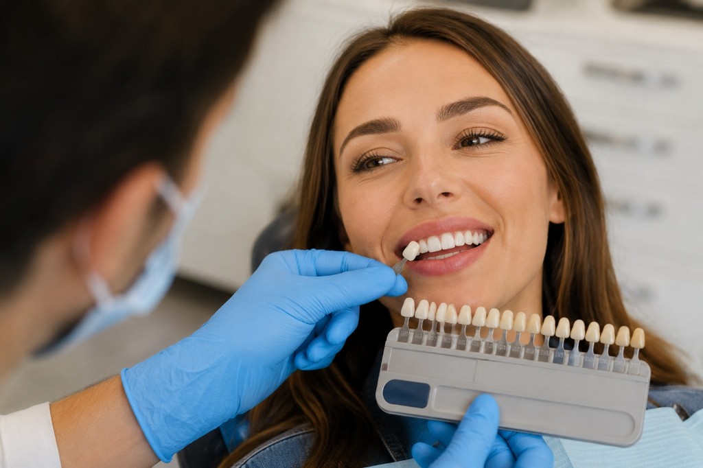 Patient choosing a porcelain veneer shade during cosmetic treatment