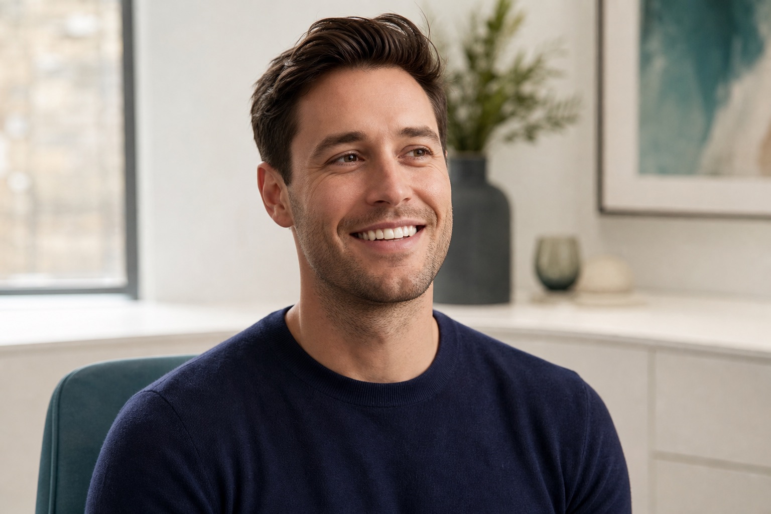 Patient smiling confidently after white filling treatment