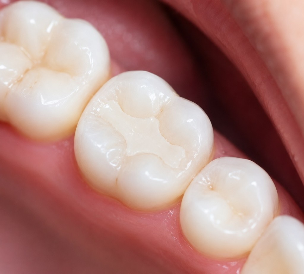 Close-up of a natural tooth-coloured white filling on a molar